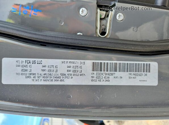 2C3CDXCT6KH629877 2019 DODGE CHARGER Серый Вид наклейки с VIN-кодом