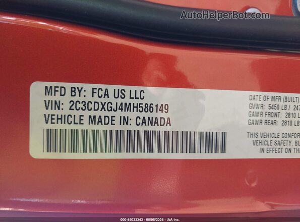 2C3CDXGJ4MH586149 2021 DODGE CHARGER Оранжевый Вид подкапотного пространства