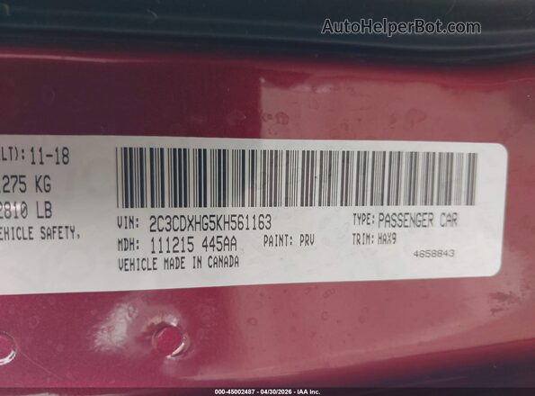 2C3CDXHG5KH561163 2019 DODGE CHARGER Red Вид підкапотного простору