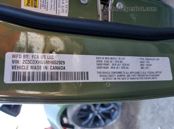 2C3CDXHG6MH652929 2021 DODGE CHARGER Green Vista de la etiqueta del VIN