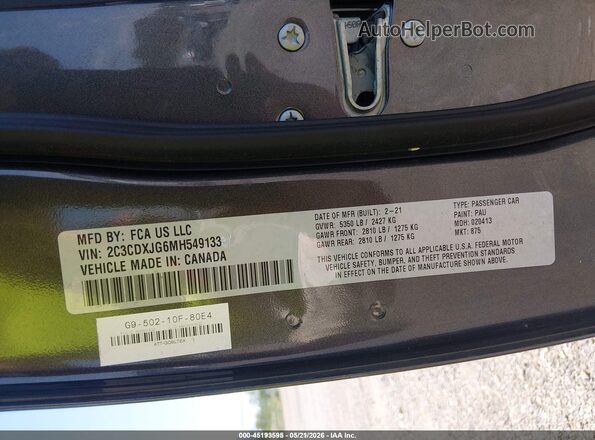 2C3CDXJG6MH549133 2021 DODGE CHARGER Gray Engine compartment view