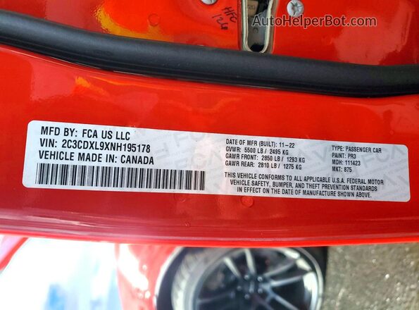 2C3CDXL9XNH195178 2022 DODGE CHARGER Красный Вид наклейки с VIN-кодом