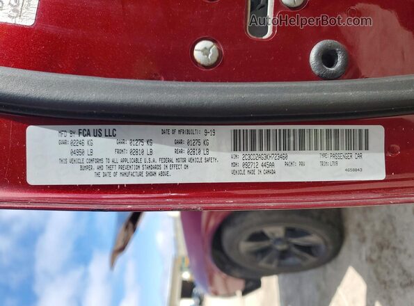 2C3CDZAG3KH723460 2019 DODGE CHALLENGER Красный Вид наклейки с VIN-кодом