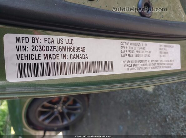 2C3CDZFJ6MH609945 2021 DODGE CHALLENGER Green ძრავის განყოფილების ხედი