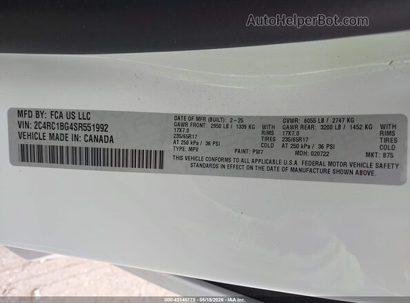 2C4RC1BG4SR551992 2025 CHRYSLER PACIFICA Белый Вид подкапотного пространства