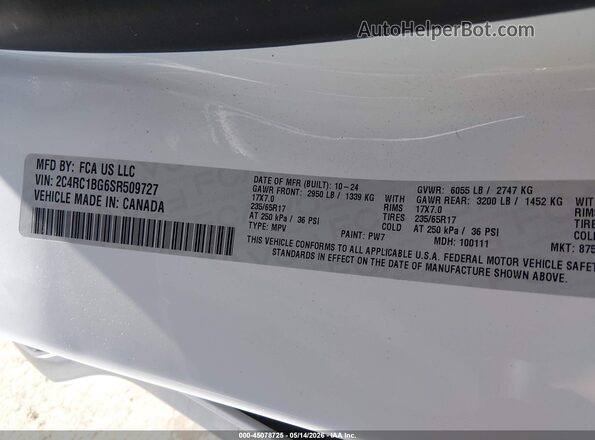 2C4RC1BG6SR509727 2025 CHRYSLER PACIFICA White Widok komory silnika