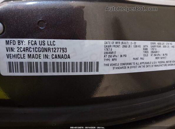 2C4RC1CG0NR127793 2022 CHRYSLER VOYAGER Серый Вид подкапотного пространства