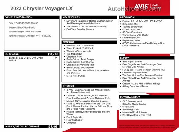 2C4RC1CG0PR524696 2023 CHRYSLER VOYAGER Белый Вид наклейки с VIN-кодом
