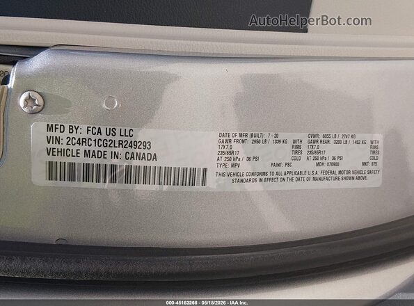 2C4RC1CG2LR249293 2020 CHRYSLER VOYAGER Серебряный Вид подкапотного пространства