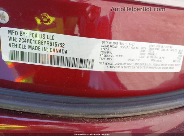2C4RC1CG6PR616752 2023 CHRYSLER VOYAGER Темно-бордовый Вид подкапотного пространства