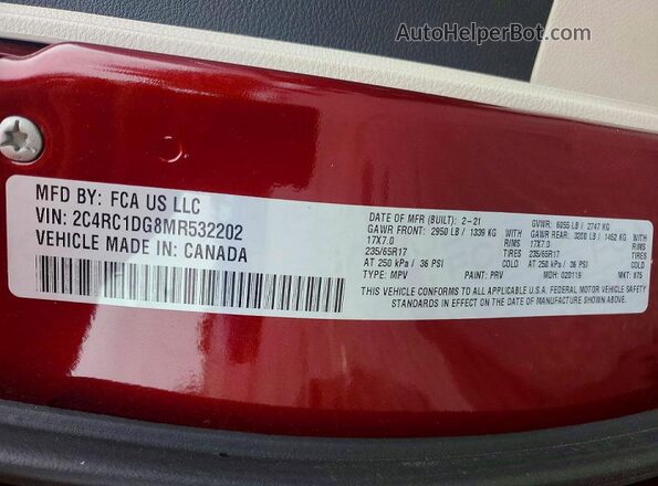 2C4RC1DG8MR532202 2021 CHRYSLER VOYAGER Бордовый Вид наклейки с VIN-кодом