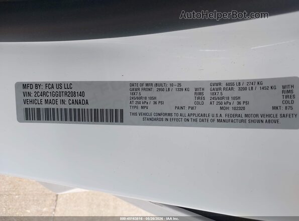 2C4RC1GG0TR208140 2026 CHRYSLER PACIFICA Белый Вид подкапотного пространства