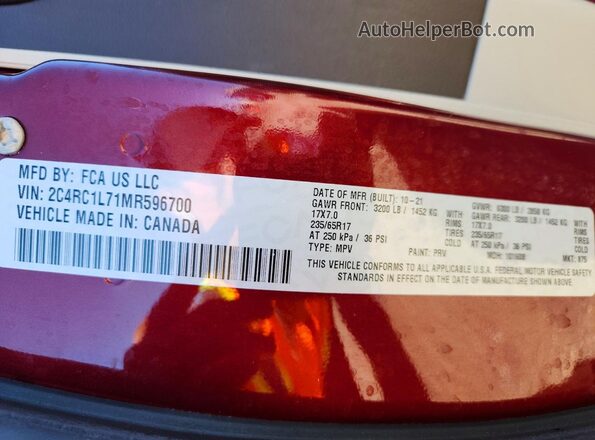 2C4RC1L71MR596700 2021 CHRYSLER PACIFICA Maroon Widok wnętrza 360 stopni