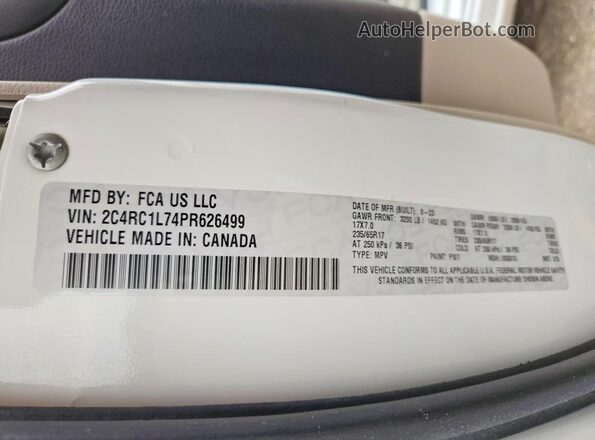 2C4RC1L74PR626499 2023 CHRYSLER PACIFICA Белый Вид наклейки с VIN-кодом