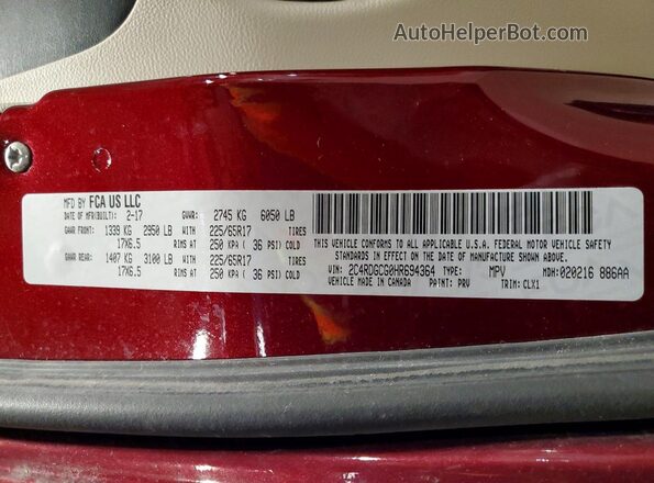 2C4RDGCG0HR694364 2017 DODGE GRAND Темно-бордовый Вид наклейки с VIN-кодом