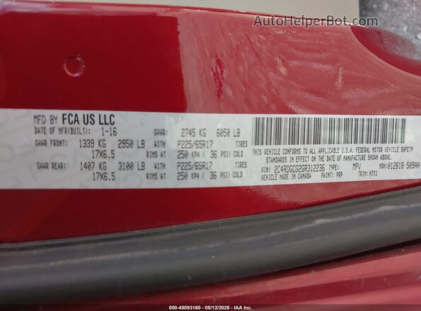2C4RDGCG2GR312236 2016 DODGE GRAND CARAVAN Red ძრავის განყოფილების ხედი