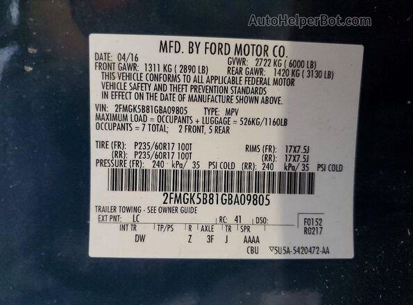 2FMGK5B81GBA09805 2016 FORD FLEX Синий Вид наклейки с VIN-кодом