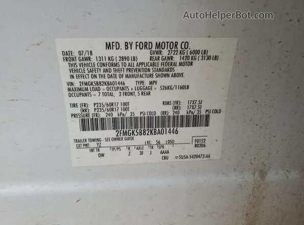 2FMGK5B82KBA01446 2019 FORD FLEX White Widok wnętrza 360 stopni