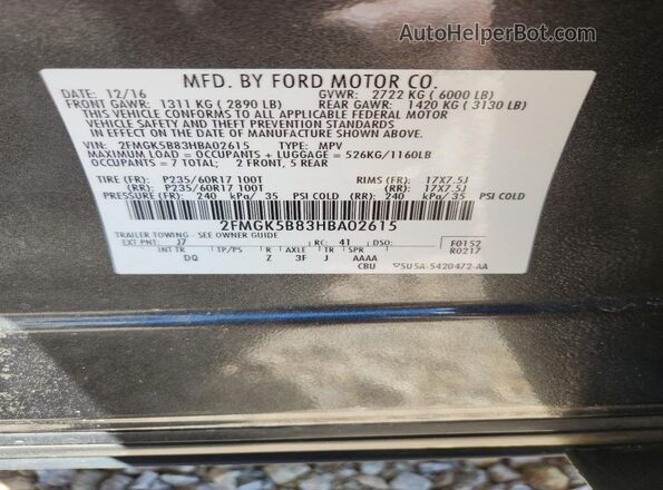 2FMGK5B83HBA02615 2017 FORD FLEX Угольный Панорамный вид салона 360°