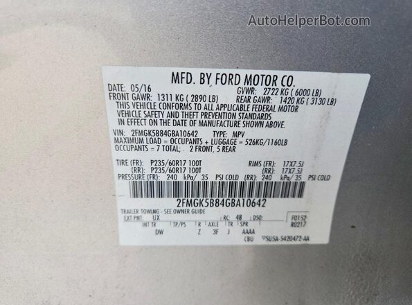 2FMGK5B84GBA10642 2016 FORD FLEX Серебряный Вид наклейки с VIN-кодом