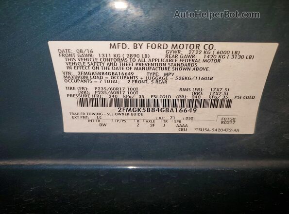 2FMGK5B84GBA16649 2016 FORD FLEX Бирюзовый Вид наклейки с VIN-кодом