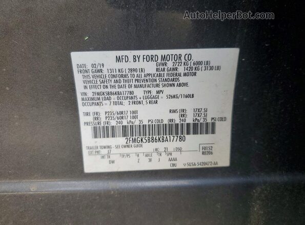 2FMGK5B86KBA17780 2019 FORD FLEX Gray Widok naklejki z numerem VIN