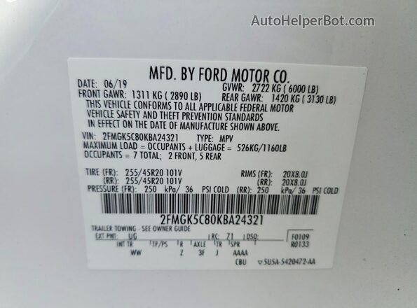 2FMGK5C80KBA24321 2019 FORD FLEX Белый Вид наклейки с VIN-кодом