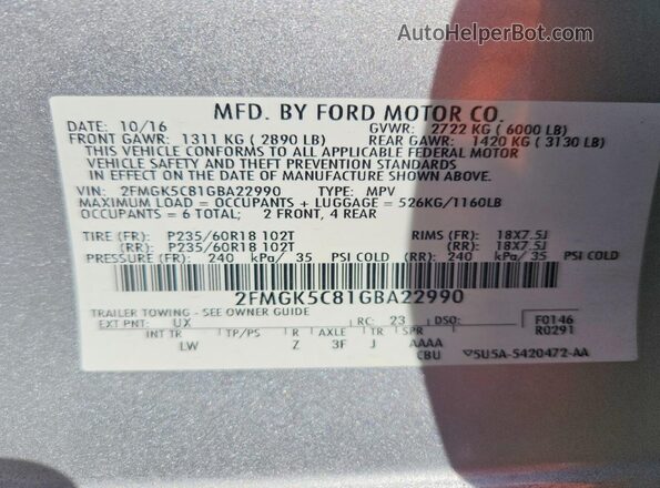 2FMGK5C81GBA22990 2016 FORD FLEX Серебряный Вид наклейки с VIN-кодом