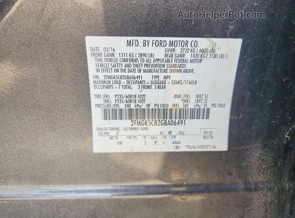 2FMGK5C82GBA06491 2016 FORD FLEX Серый Вид наклейки с VIN-кодом