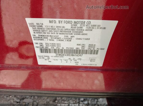 2FMGK5C82JBA16347 2018 FORD FLEX Red Vista del compartimento del motor