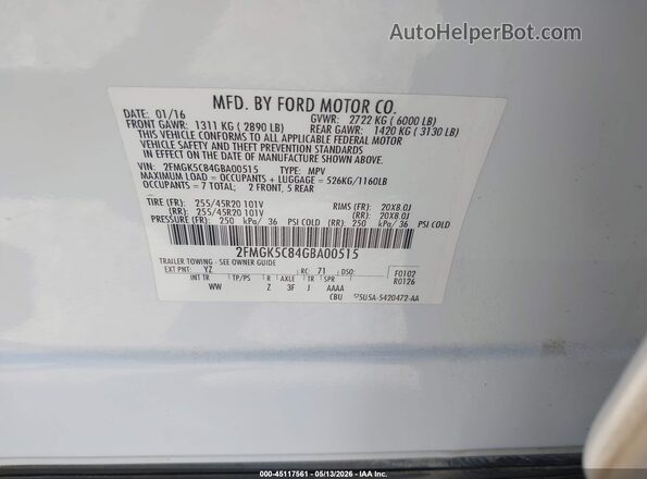2FMGK5C84GBA00515 2016 FORD FLEX White Vista del compartimento del motor