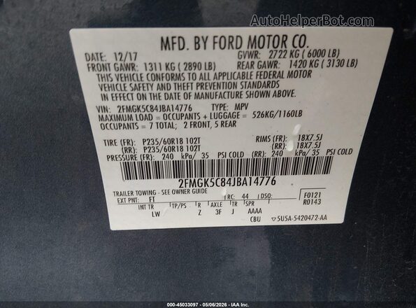2FMGK5C84JBA14776 2018 FORD FLEX Синий Вид подкапотного пространства