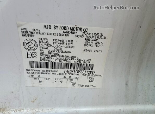 2FMGK5C85GBA12897 2016 FORD FLEX White Vista de la etiqueta del VIN