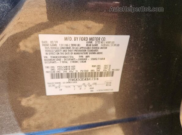 2FMGK5C85KBA17316 2019 FORD FLEX Gray Widok wnętrza 360 stopni