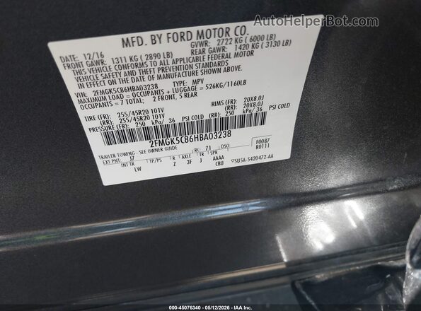 2FMGK5C86HBA03238 2017 FORD FLEX Gray Vista del compartimento del motor