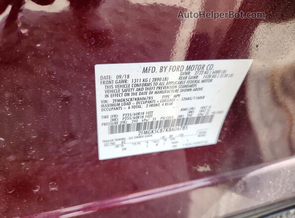 2FMGK5C87KBA06785 2019 FORD FLEX Maroon Widok naklejki z numerem VIN