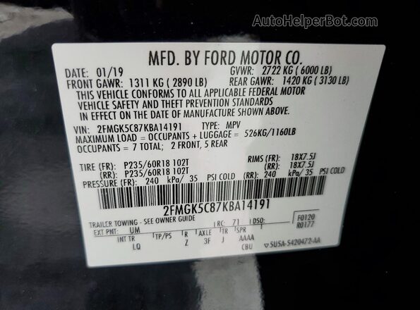 2FMGK5C87KBA14191 2019 FORD FLEX Black VIN կոդի պիտակի տեսք