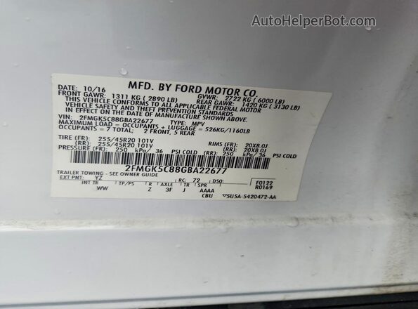 2FMGK5C88GBA22677 2016 FORD FLEX Белый Вид наклейки с VIN-кодом
