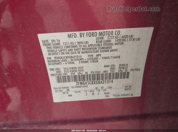 2FMGK5C8XGBA21014 2016 FORD FLEX Red Widok komory silnika