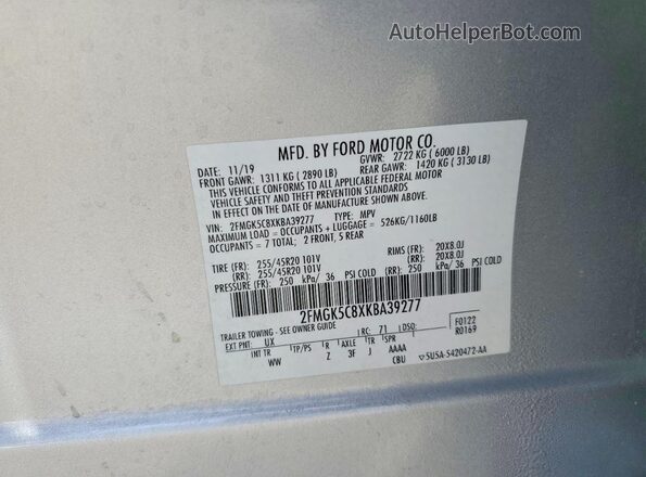 2FMGK5C8XKBA39277 2019 FORD FLEX Silver VIN sticker view