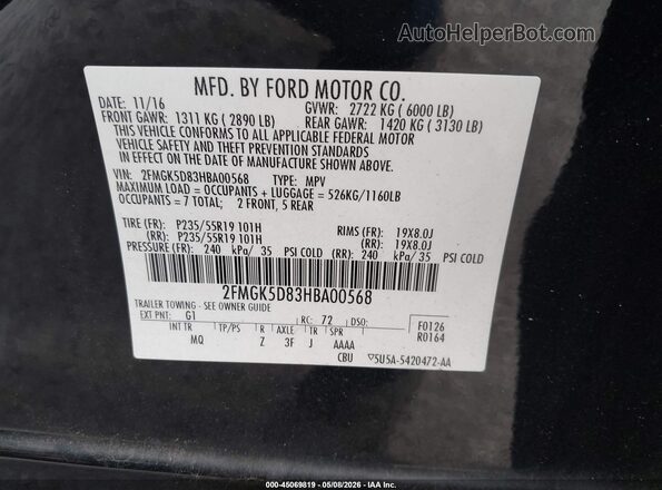 2FMGK5D83HBA00568 2017 FORD FLEX Black Вид підкапотного простору