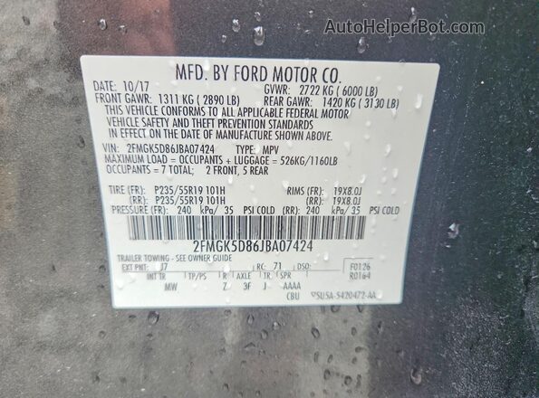 2FMGK5D86JBA07424 2018 FORD FLEX Gray VIN sticker view