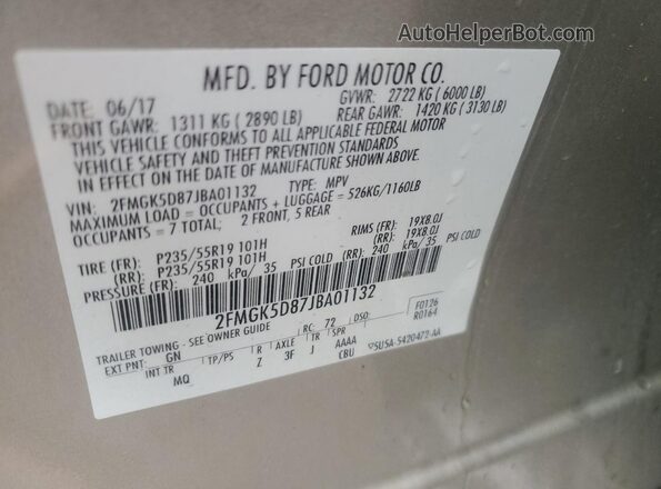 2FMGK5D87JBA01132 2018 FORD FLEX Gold Vista interior de 360 grados
