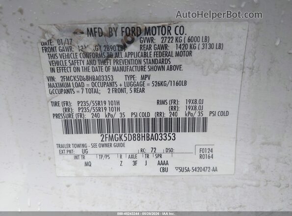 2FMGK5D88HBA03353 2017 FORD FLEX White Շարժիչի բաժամունքի տեսք