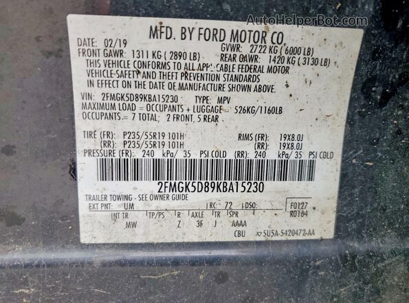 2FMGK5D89KBA15230 2019 FORD FLEX Black Widok naklejki z numerem VIN