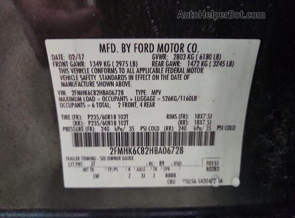 2FMHK6C82HBA06728 2017 FORD FLEX Серый Вид наклейки с VIN-кодом