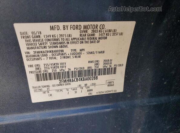 2FMHK6C84KBA00288 2019 FORD FLEX Blue VIN კოდის სტიკერის ხედი