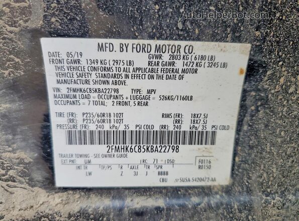 2FMHK6C85KBA22798 2019 FORD FLEX Черный Панорамный вид салона 360°