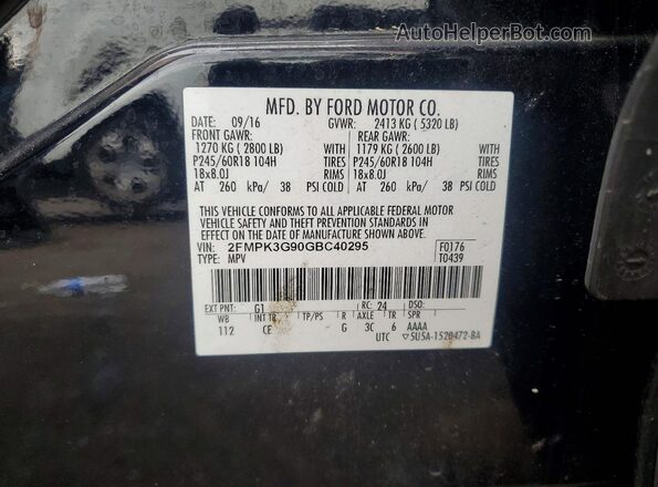 2FMPK3G90GBC40295 2016 FORD EDGE Black Widok wnętrza 360 stopni