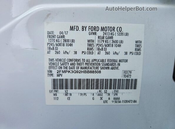 2FMPK3G92HBB88508 2017 FORD EDGE Белый Панорамный вид салона 360°